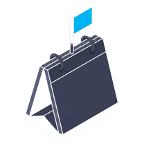 Isometric icon of a desk calendar with a blue flag pinned to it