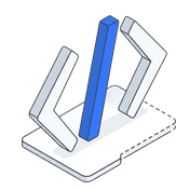 Isometric icon of angle brackets on a plate with a blue slash between them