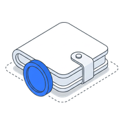 Isometric icon of a folded wallet on a plate with a blue coin beside it