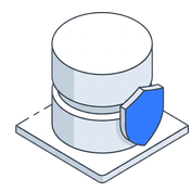 Isometric icon of a database cylinder on a plate with a blue shield against it