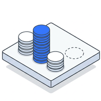Isometric icon of stacked coins on a plate, the tallest stack blue