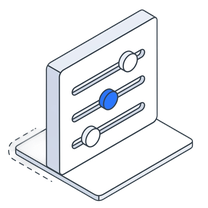 Isometric icon of a settings panel with three sliders, the middle one blue