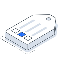 Isometric icon of a product tag on a plate with three boxes ticked down its side, one of them blue