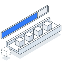 Isometric icon of cubes running along a conveyor under a blue progress bar