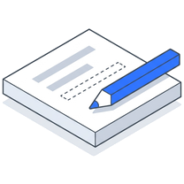 Isometric icon of a written page on a plate with a blue pencil across it
