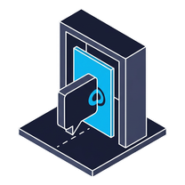Isometric icon of a blue screen inside a gateway, a smaller panel passing through it
