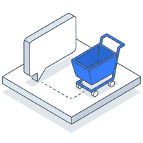 Isometric icon of a speech bubble on a plate with a blue shopping trolley beside it