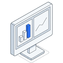 Isometric icon of a monitor on a plate showing a bar chart and a rising line