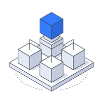 Isometric icon of a grid of cubes on a plate with a blue cube raised above them
