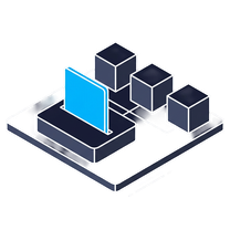 Isometric icon of a blue sign-in screen on a plate beside three cubes