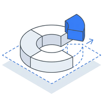 Isometric icon of a ring chart on a plate with one blue segment pulled out of it
