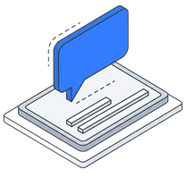 Isometric icon of a blue speech bubble rising from a panel on a plate