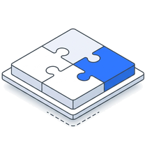 Isometric icon of four jigsaw pieces locking together on a plate, one of them blue