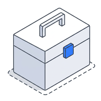 Isometric icon of a closed toolbox with a handle and a blue catch