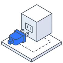 Isometric icon of a blue connector plugged into a cube on a dashed plate