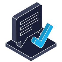 Isometric icon of a written card on a plate with a large blue check mark beside it