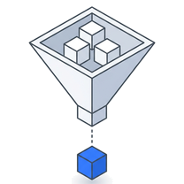 Isometric icon of cubes dropping through a funnel to a single blue cube below
