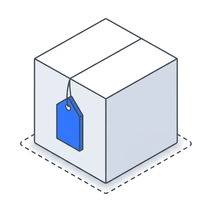 Isometric icon of a boxed product with a blue price tag hanging from it