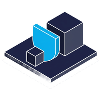 Isometric icon of a blue shield standing in front of stacked cubes on a plate