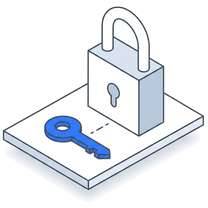Isometric icon of a padlock standing on a plate with a blue key beside it