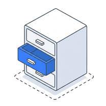 Isometric icon of a cabinet with two blue drawers pulled out