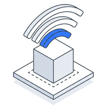 Isometric icon of a cube on a plate under a blue signal arc