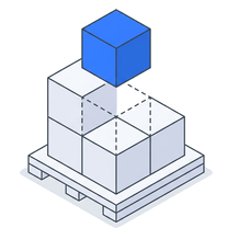 Isometric icon of cubes on a pallet with a blue cube lifting away from them