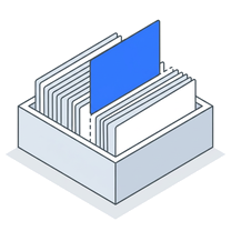 Isometric icon of a card index on a plate with one blue card standing proud of the rest