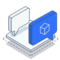 Isometric icon of a white speech bubble beside a blue card showing a product cube