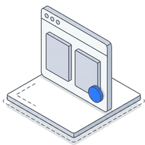 Isometric icon of a laptop showing a storefront page with a blue marker at its corner