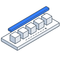 Isometric icon of five cubes on a conveyor with a blue scanning bar passing over them