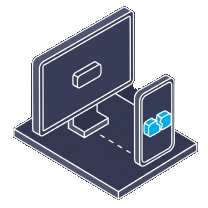 Isometric icon of a monitor beside a phone, the phone carrying the blue element