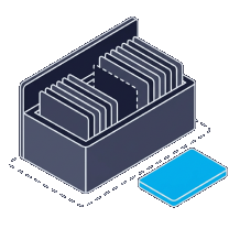 Isometric icon of a filing tray of cards with one blue card lying outside it