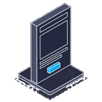 Isometric icon of a page layout on a stand with a blue button on it