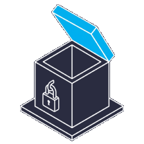 Isometric icon of an open box with a padlock inside and a blue lid lifted off it