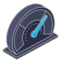 Isometric icon of a speedometer with a blue needle