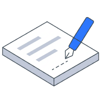 Isometric icon of a blue pen held over a page of text lines