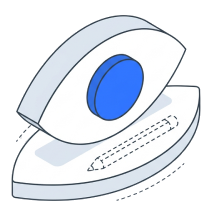 Isometric icon of an eye resting on a plate with a blue pupil