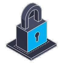 Isometric icon of a padlock with a blue body standing on a plate
