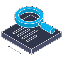 Isometric icon of a blue magnifying glass over a document of text lines