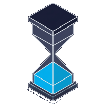 Isometric icon of an hourglass with blue sand running through it