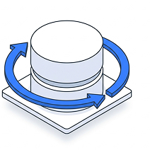 Isometric illustration of a database cylinder encircled by two arrows