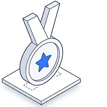 Isometric illustration of a medal with a star, hanging from a ribbon