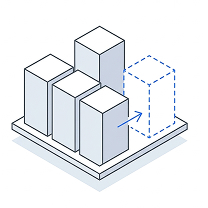 Isometric illustration of blocks on a platform with a dashed outline where another would be added