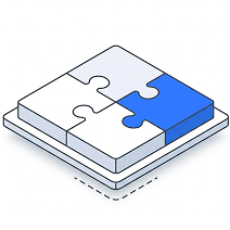 Isometric illustration of puzzle pieces fitting together on a platform