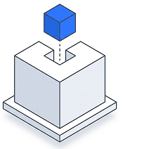 Isometric illustration of a cube lowering into a slot cut in a larger block